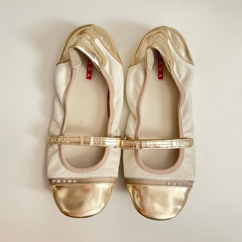 Prada Cream Off White Light Gold mary jane ballet flats 35
